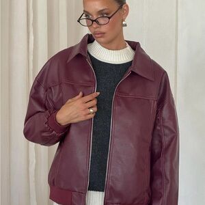 Princess Polly Goldsmith Faux Leather Bomber Jacket Burgundy